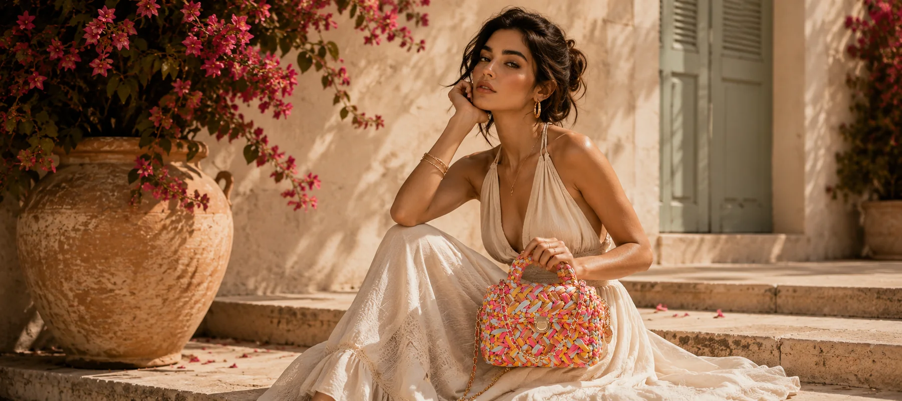 Rhhenso multicoloured handwoven bag in a Mediterranean fashion campaign